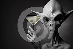 Peaceful Alien Drinking Martini on Gray Background