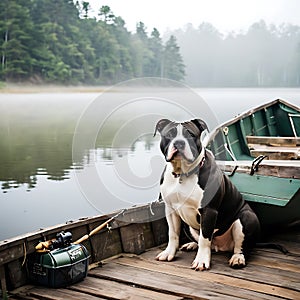 A peaceful American Bully beside a dilapidated fishing skiff on a placid lake accompanied by fishing gear