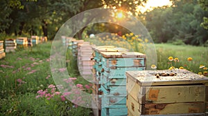 Peaceful apiary among wildflowers. Bee hives in a sunlit meadow. Beekeeping. Concept of apiculture, honey farming