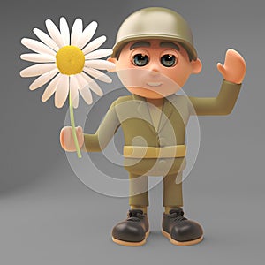 Peaceful army soldier waves while holding a flower, 3d illustration