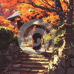 Peaceful Autumn Scenery with Monk