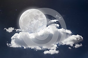 Peaceful background, night sky with full moon, stars, beautiful clouds.