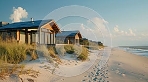 A peaceful beach getaway where offgrid cottages are powered by solar panels nestled a the sandy dunes. .