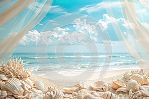 A peaceful beach scene featuring seashells scattered along the shore and billowing curtains framing the view, A beach themed