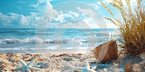 Peaceful Beach Scene with Starfish, Seashells, and Woven Basket