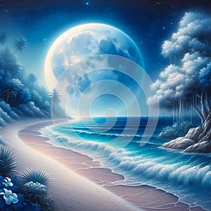 A peaceful beach setting with both a bright full moon and a slender crescent moon visible in the night sky.