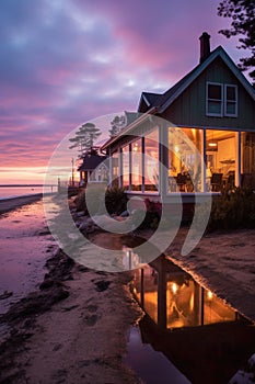 peaceful beachfront cottage at sunset