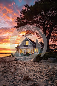 peaceful beachfront cottage at sunset