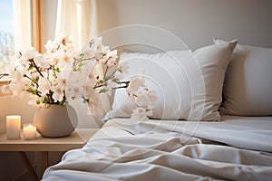 A peaceful bed oasis, white pillows and flowers harmonize effortlessly