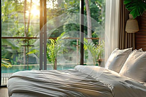 Peaceful bedroom with morning sunlight filtering through