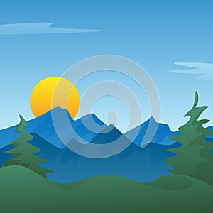 Peaceful blue mountain landscape scene background with pine trees, rolling hills, sun rising or setting, vector Illustration