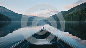 A peaceful boat ride on a calm lake, water gently lapping against the sides