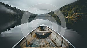 A peaceful boat ride on a calm lake, water gently lapping against the sides