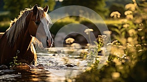 Peaceful Brown Horse Grazing in Vibrant Green Pasture with Creek - Golden Hour Close-Up