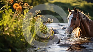 Peaceful Brown Horse Grazing in Vibrant Green Pasture with Creek - Golden Hour Close-Up