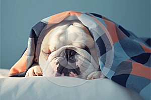 Peaceful bulldog napping under a warm blanket in tranquil slumber