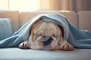 Peaceful bulldog napping under a warm blanket in tranquil slumber