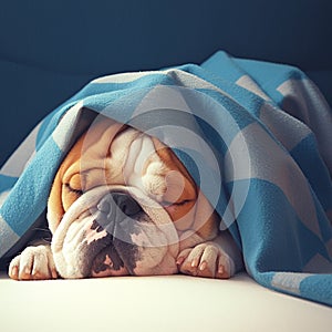 Peaceful bulldog napping under a warm blanket in tranquil slumber