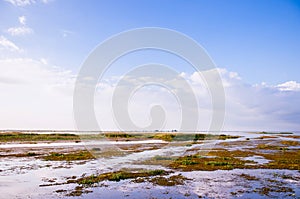 Peaceful calm lake Nong Han with blue sky. Sakon Nakhon - Thailand