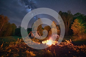 peaceful campsite with bonfire and starry night sky in the background