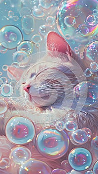 A peaceful cat enveloped by reflective soap bubbles radiating tranquility. Cute animals concept