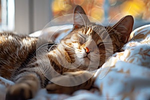 Peaceful cat lying on patterned bedding in light