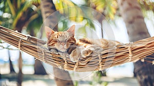 A peaceful cat naps in a hammock ,relaxation and the carefree spirit of island life.