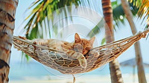 A peaceful cat naps in a hammock ,relaxation and the carefree spirit of island life.