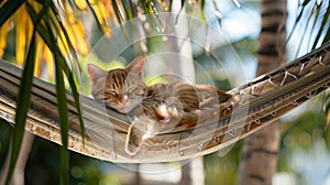 A peaceful cat naps in a hammock ,relaxation and the carefree spirit of island life.