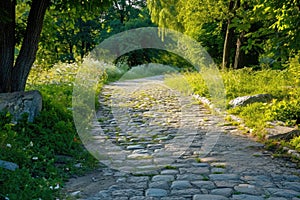 A peaceful cobblestone road winds through a dense forest, providing a serene and tranquil setting, A cobblestone pathway through a