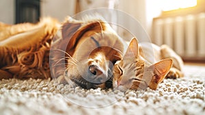 Peaceful coexistence cat and dog sleeping together on white carpet, ideal for text space