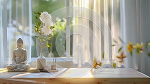 A peaceful corner of a home office designed with a minimalist desk and a small altar for zen meditation breaks. .