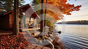 Peaceful cottage by the lake in autumn season