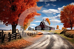 A peaceful country road leading towards a picturesque barn nestled in the distance., A rural autumn scene showcasing vibrant fall