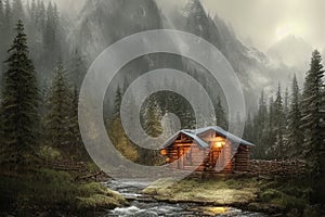 Peaceful Countryside in Mountain Forest with Cabin on a Rainy Day