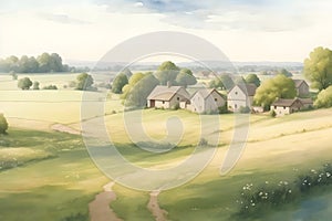 A peaceful countryside scene of a village surrounded by fields and meadows watercolor painting generated by Ai