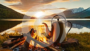 Peaceful Cozy Campfire with a Vintage Teapot and Beautiful Lake at Sunset - Generative Ai