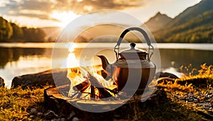 Peaceful Cozy Campfire with a Vintage Teapot and Beautiful Lake at Sunset - Generative Ai