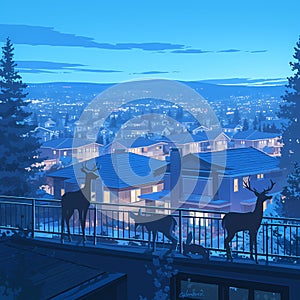 Peaceful Deer Family on a Balcony at Dusk