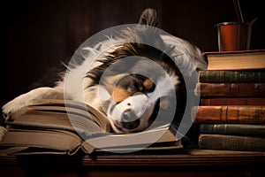 Peaceful Dog asleep reading. Generate Ai