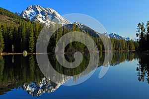 Grand Teton National Park, Mount Moran reflected in String Lake, Wyoming, USA photo