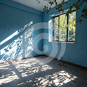 Blank blue empty room with sunlight and leaf shadows