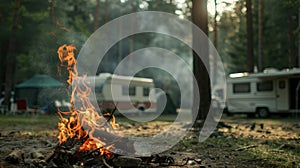 Peaceful Evening Campfire in a Forest Campground With Recreational Vehicles Nearby