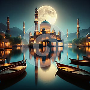 Peaceful evening scene with full moon and Mosque