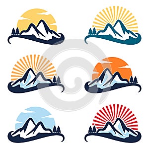 Peaceful Evergreen Pine Sun Mountain Peak Logo Set