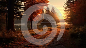 Peaceful Farmhouse Escape: Stunning Sunrise In Vray Forest
