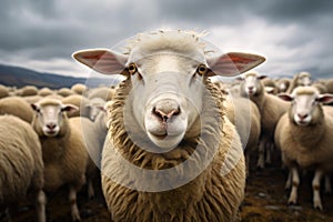 Peaceful Flock sheep staring. Generate Ai