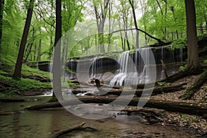 peaceful forest with cascading waterfalls and trees in the background