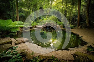 peaceful forest oasis, with gentle waterfall and reflection pool