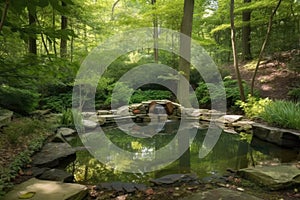 peaceful forest oasis, with gentle waterfall and reflection pool